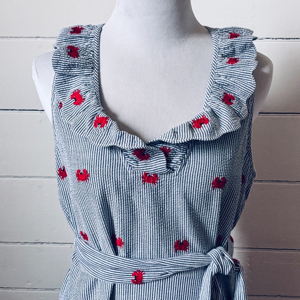 Crown & Ivy Woman’s Blue 100% Cotton Seersucker Scalloped Midi Sundress Sz Small - Picture 2 of 9